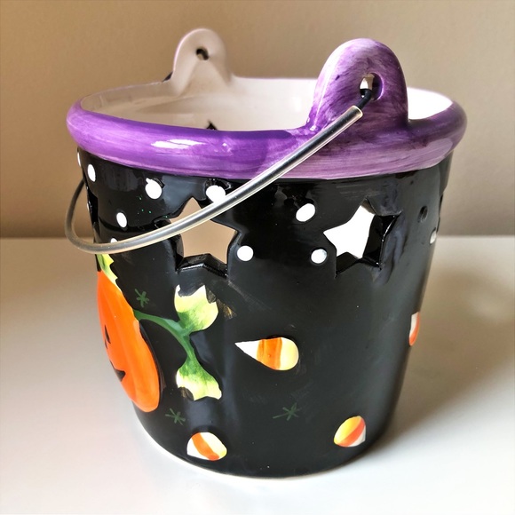 Ceramic Halloween Bucket Candle or Candy Holder Handle Open Stars Hand Painted - Picture 4 of 10
